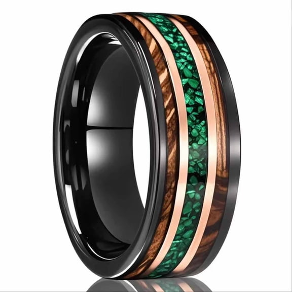 8mm Wide Tungsten Steel Electroplated Two-color Inlaid Green Opal Wine Barrel Wood Ring Tungsten Gold Men's Ring