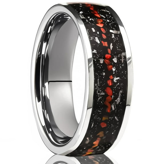 8mm Wide Tungsten Steel Flat Band Ring with Meteorite Red Opal Inlay