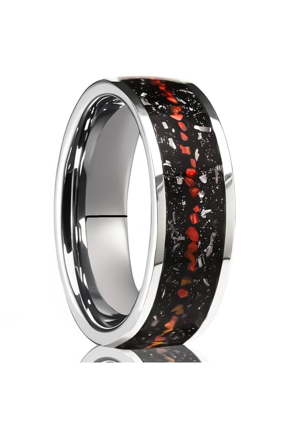 8mm Wide Tungsten Steel Flat Band Ring with Meteorite Red Opal Inlay