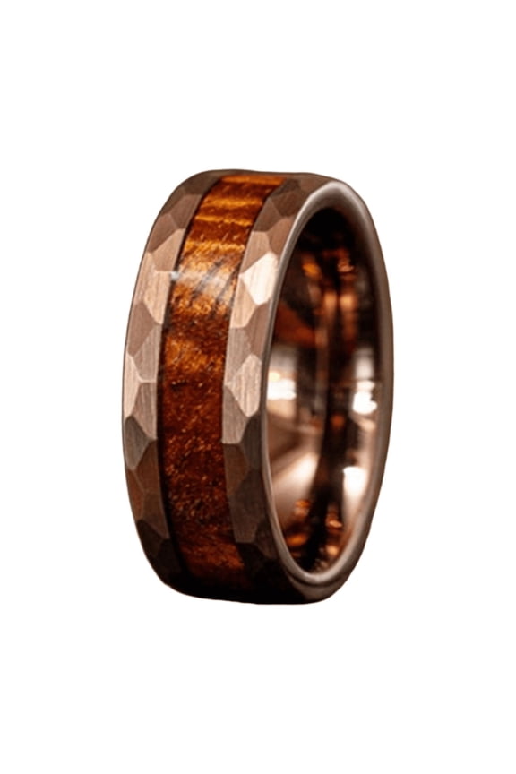 8mm Wide Tungsten Steel Flat Hammer Pattern Middle Wine Barrel Wood Oak Tungsten Gold Ring