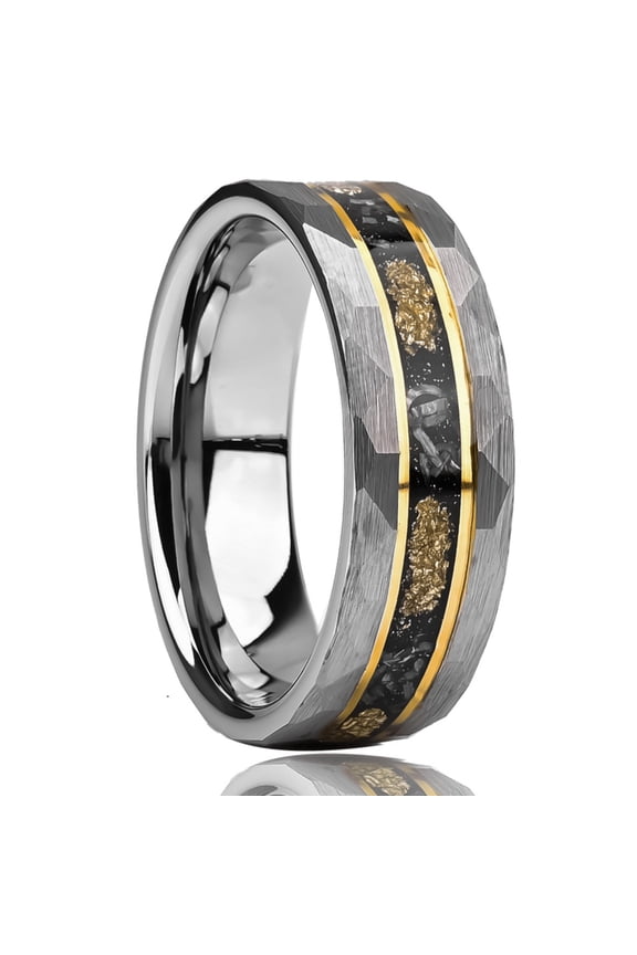 8mm Wide Tungsten Steel Flat Hammer Steel Color Gold Thread Gold Foil Imitation Crushed Meteorite Men's Ring