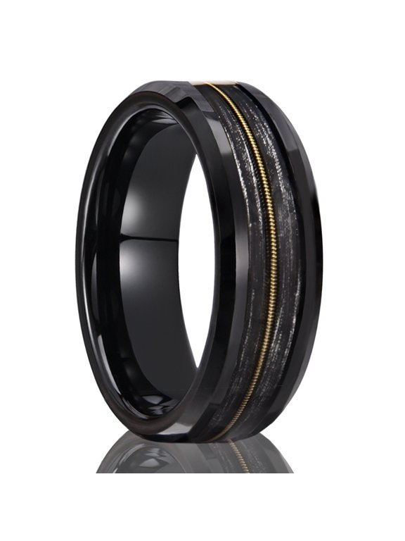 8mm Wide Tungsten Steel Flat Polished Electric Black Ring with Guitar String Tungsten Gold Ring