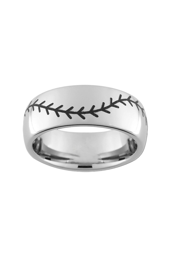 8mm Wide Tungsten Steel Ring Curved Steel Color Laser Baseball Pattern Tungsten Gold Simple Couple Ring