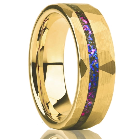 8mm Wide Tungsten Steel Ring Electroplated 18K Gold Hammer Pattern Set Blue Nebula Men's Ring