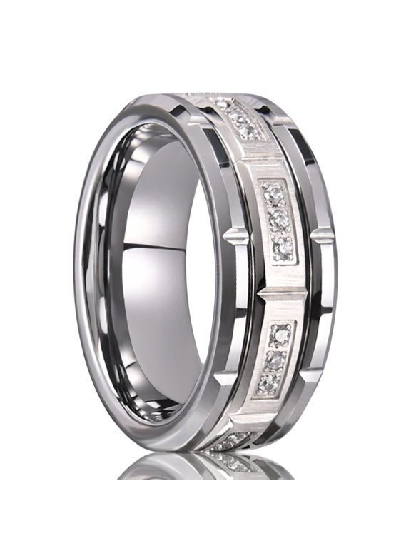 8mm Wide Tungsten Steel with a Circle of Sparkling Cubic Zirconia Combination Ring Men's Ring