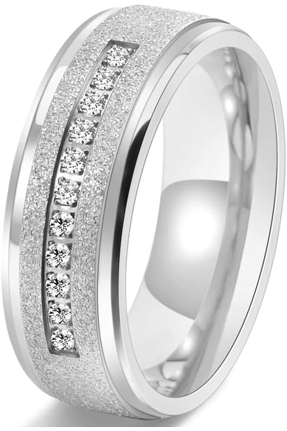 8mm Width Stainless Steel Sand Brushed Half Eternity Wedding Band Ring