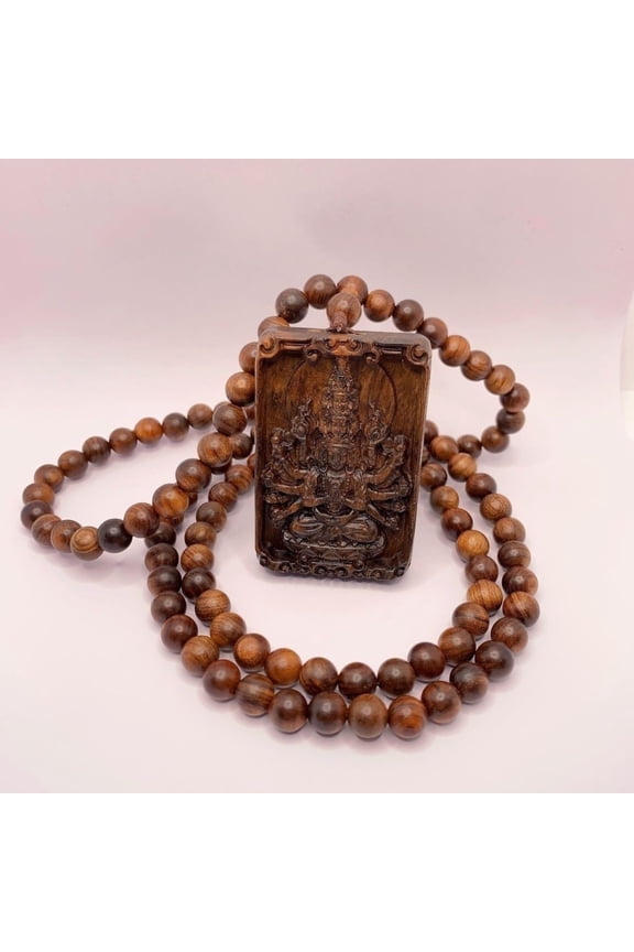 8mm Wood Avalokiteshvara Pendant Necklace Hand Carved Buddhist Jewelry Natural Bead Charm for Men Women Meditation Gift