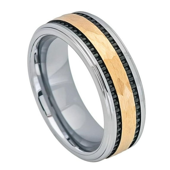 8mm Yellow Gold IP Hammered Center with Black IP Plated Stripes on the side Wedding Band Ring For Men Or Ladies