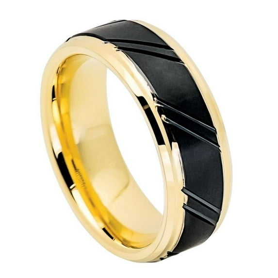 8mm Yellow Gold IP Plated Inner Ring Stepped Edge with Black IP Diagonally Grooved Center Brushed Finish Wedding Band Ring For Men Or Ladies