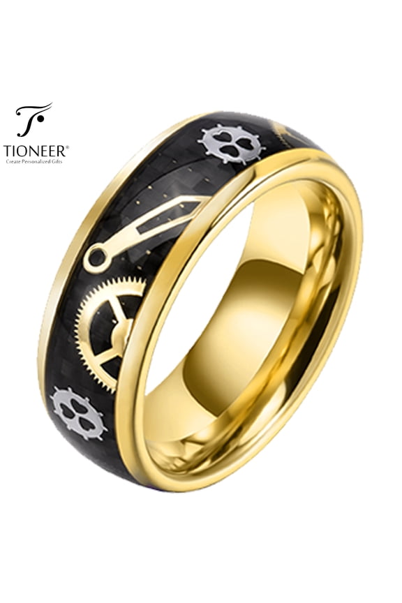 Yellow Gold Plated Tungsten Carbide Wedding Band Steampunk Gear Wheel CZ Free Engraving 8mm