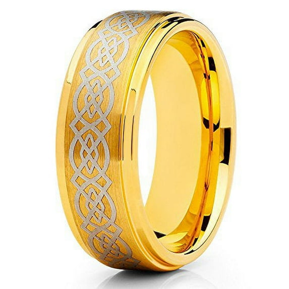 8mm Yellow Gold Tungsten Carbide Ring Brushed Finish Unique Design Comfort Fit Wedding Band (6)