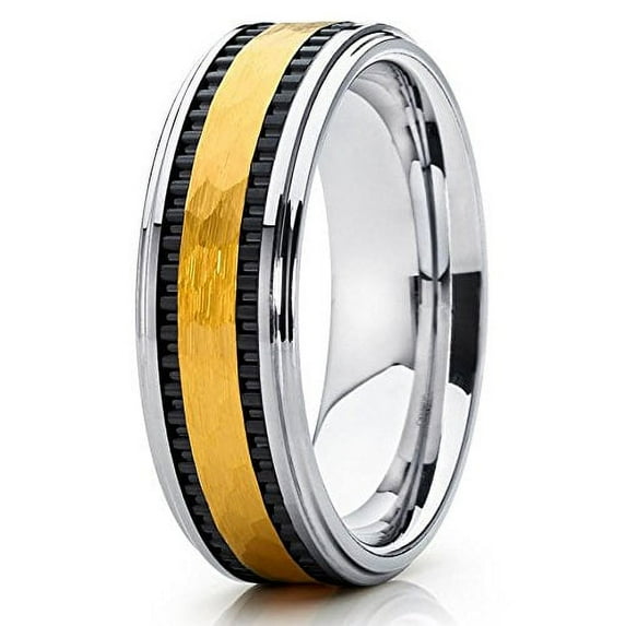 8mm Yellow Gold Tungsten Ring Wedding Band Hammered Milgrain Comfort Fit