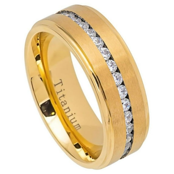 8mm Yellow IP Titanium Ring Brushed Center Shiny Stepped Edge with Eternity Style CZs Wedding Band Ring For Men Or Ladies