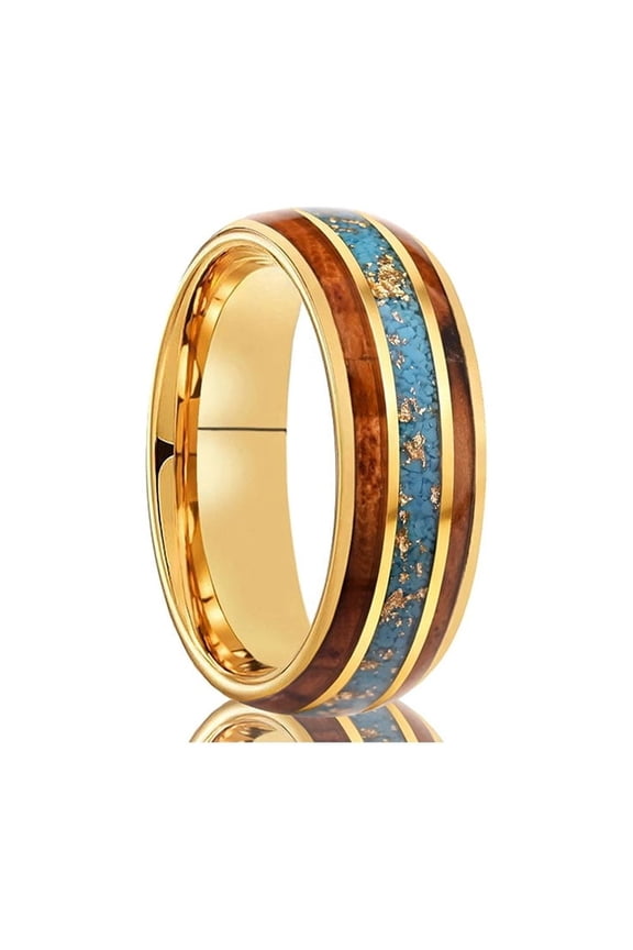 8mm tungsten steel men's and women's ring plated with 18K gold, inlaid with barrel-shaped wood foil and crushed turquoise.