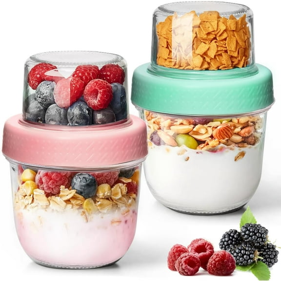 8oz 2 Pcs Overnight Oats Containers with Lids, Glass Yogurt Parfait Cups for Cereal Nut Fruit, Dual-Layer Chia Pudding Jars Reusable, Small Mason Jars for Salad, Meal Prep, Snack, Oatmeal