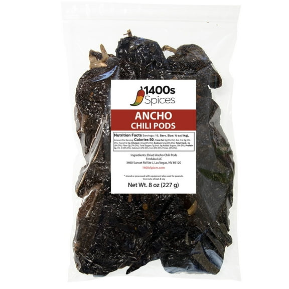 8oz Ancho Dried Whole Chile Peppers, Chili Seco Pods by 1400s Spices