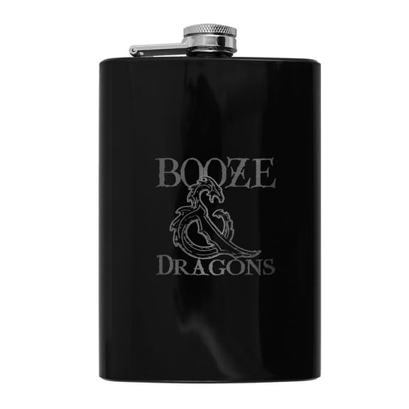 8oz BLACK Booze and Dragons Flask L1