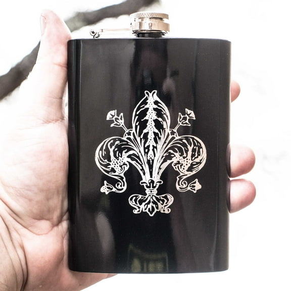 8oz BLACK Fleur de Lis Flask L1