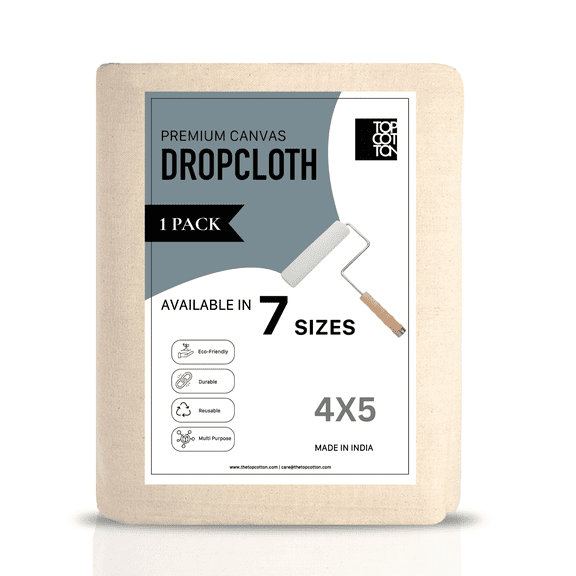 Top Cotton Canvas Drop Cloth, Pack of 1 Reusable Paint Drop Cloth, 100% Recycled Cotton, All Purpose Painters Drop Cloth, Cotton Canvas Tarp Cover for Painter Furniture & Floor Protection (4x5FT)