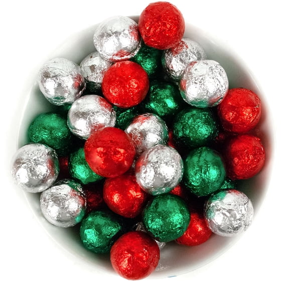8oz Christmas Milk Chocolate Ball Party Assortment With Red, Green & Silver Foil (34 Pieces)