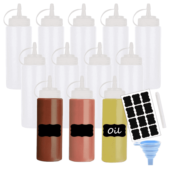 8oz Condiment Squeeze Bottles, 12 pack Sauce Bottles with Twist on Caps and Measurement, Leakproof Squirt Reusable Plastic Oil Container Dispenser