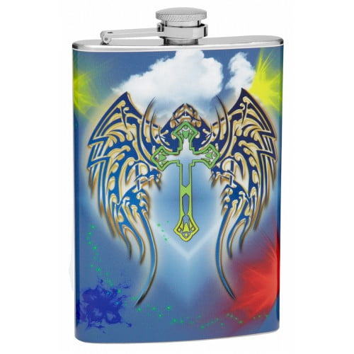8oz Cross and Angel Wing Hip Flask