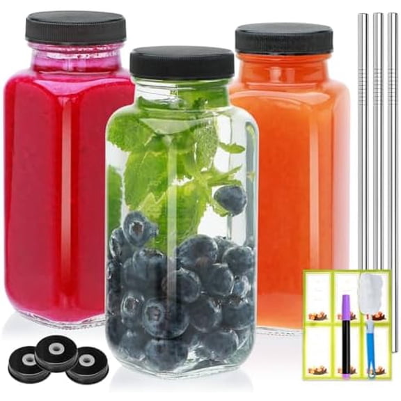 8oz Glass Bottles with lids,juice bottles gifts for women,8oz Glass Jars with LIds,glass water bottles. Kit includes Stainless Steels Straws,Two Types of lids,Cleaning Brush 3pcs
