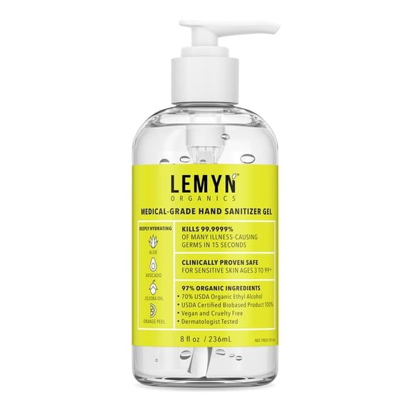 Lemyn Organics Medical‑Grade Hand Sanitizer Gel – 97 % Organic | 70 % USP Ethyl Alcohol | Moisturizing Aloe + Hyaluronic Acid | Freshly Made in USA | 8oz Bottle with Pump