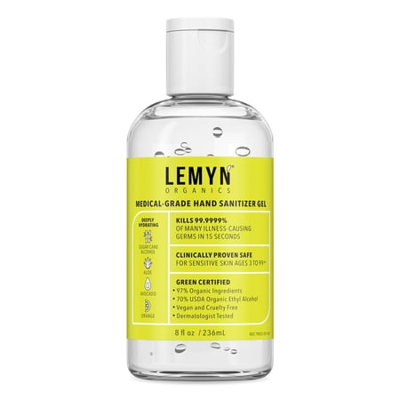 Lemyn Organics Medical-Grade Hand Sanitizer Gel – 97?% Organic | 70?% USP Ethyl?Alcohol | Moisturizing Aloe?+?Hyaluronic?Acid | Freshly?Made in USA | 8oz Bottle with Flip Top