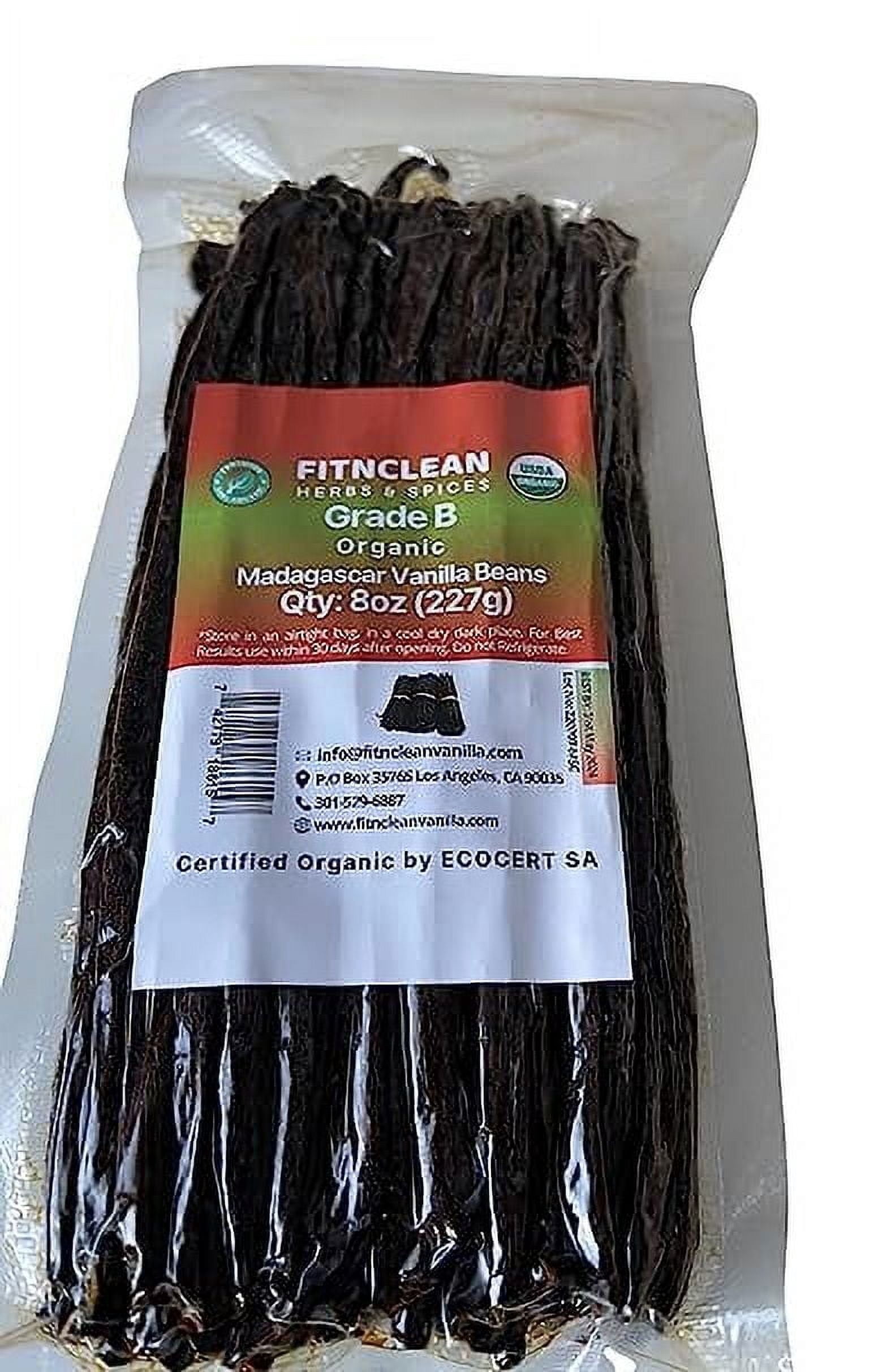 8oz Madagascar Organic Vanilla Beans Grade B for Extract. 6"-7" by FITNCLEAN VANILLA for Paste and Baking (1/2 Lb) Whole NON-GMO Pods. Certified USDA Organic