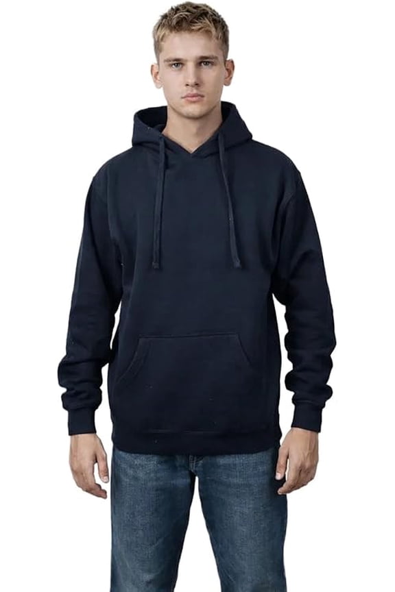 8oz Midweight Fleece Hoodie Unisex CVC Cotton Blend Hooded Sweatshirt Soft Warm Pullover Blank Hoodie for Men Women Casual Everyday Wear Durable Comfortable Fit-Navy