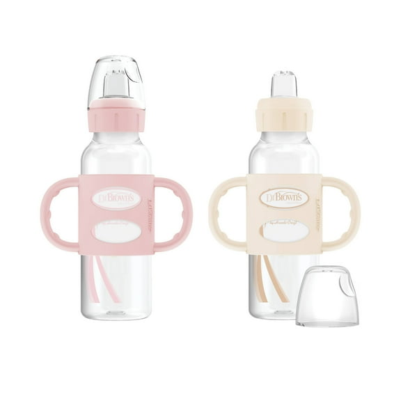 8oz Milestones Narrow Sippy Bottle with Silicone Handles & Soft Spout - 2pk - 6m+ - Light Pink & Ecru