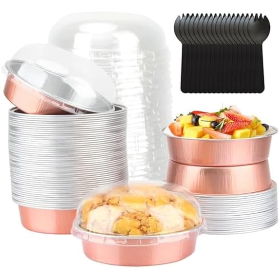 8oz Mini Cake Pans with Lids 50 Pack, 4” Disposable Small Pie Pans Aluminum Foil Baking Tins Ramekins,Small Baking Pans Muffin Containers Holders for Wedding Party-Champagne