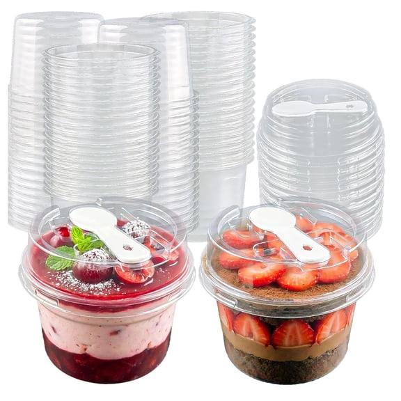 8oz Plastic Dessert Cups with Lids and Spoons, Clear Yogurt Parfait/Appetizer Cup with Lids for Party, Mini Round Dessert Cups with Spoons for Pudding/Jello/Milkshake/Fruit/Ice Cream,25 Pack