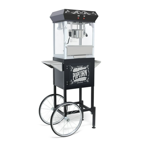 8oz Popcorn Machine with Cart, Stainless-Steel Kettle, Heated Warming Deck & Old Maids Drawer, 650W Theater-Style Popcorn Maker for Home & Events, Black