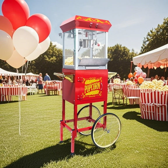 siu want 8oz Popper with Stainless-steel Kettle,  Popcorn Machine with CartHeated Warming Deck, and Old Maids Drawer,Red