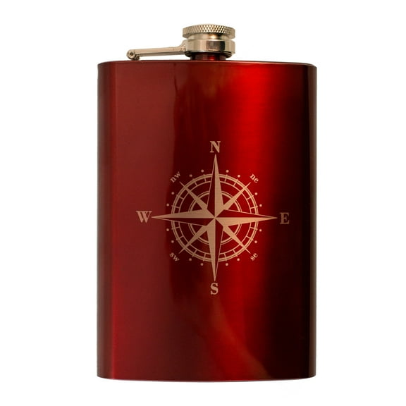 8oz RED Compass Rose Flask L1 Hiking and Sailing Novelty