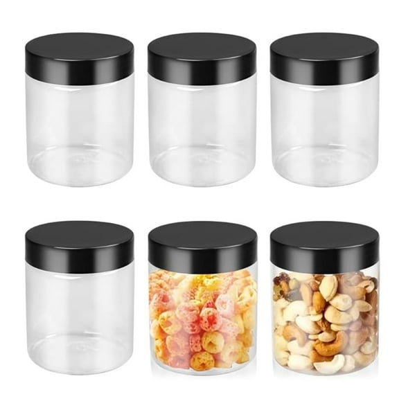 8oz Snacks Storage Containers with Black Lids,Clear Plastic Jars,Empty Round Storage Jars,Leakproof Food Jars Sets,Wide-Mouth Slime Containers,Household Food Storage of Dry Goods 6Pcs