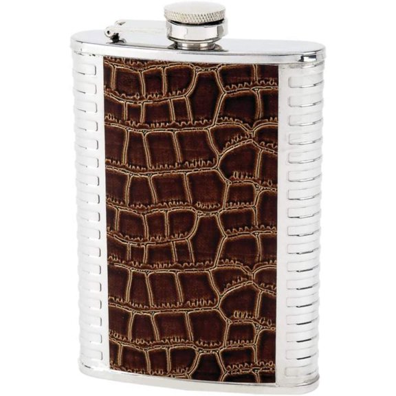 8oz Stainless Steel Flask with Brown Faux Leather Wrap