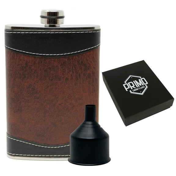 8oz Stainless Steel Primo 18/8 #304 Brown/Black PU Leather Premium/Heavy Duty Hip Flask Gift Set