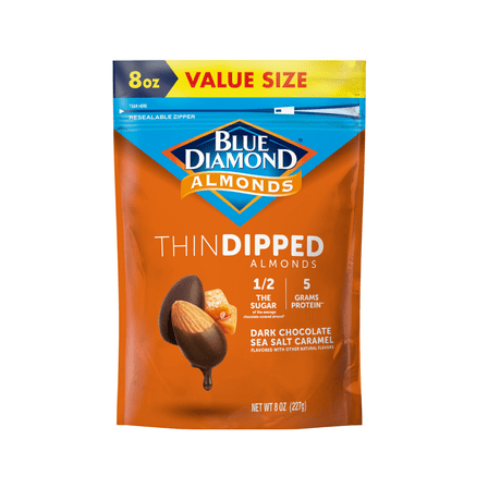 Blue Diamond Almonds, Thin Dipped Dark Chocolate Sea Salt Caramel Almonds Value Size for Guilt Free Snacking, No Artificial Colors or Flavors, 8 oz.