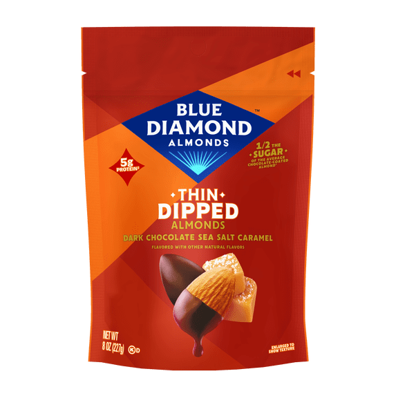 Blue Diamond Almonds, Thin Dipped Dark Chocolate Sea Salt Caramel Almonds Value Size for Guilt Free Snacking, No Artificial Colors or Flavors, 8 oz.