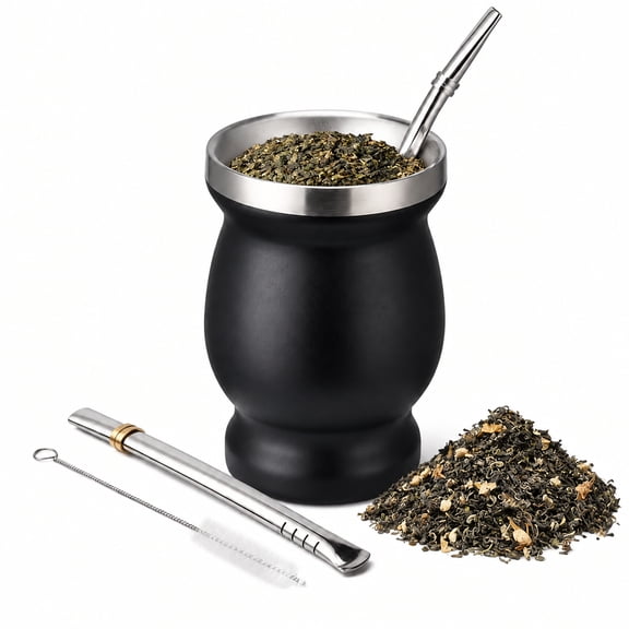 8oz Yerba Mate Cup, Heat Insulation Yerba Mate Gourd, Complete Tea Cup Set with Bombilla Mate & Cleaning Brush, Black Mate Cup