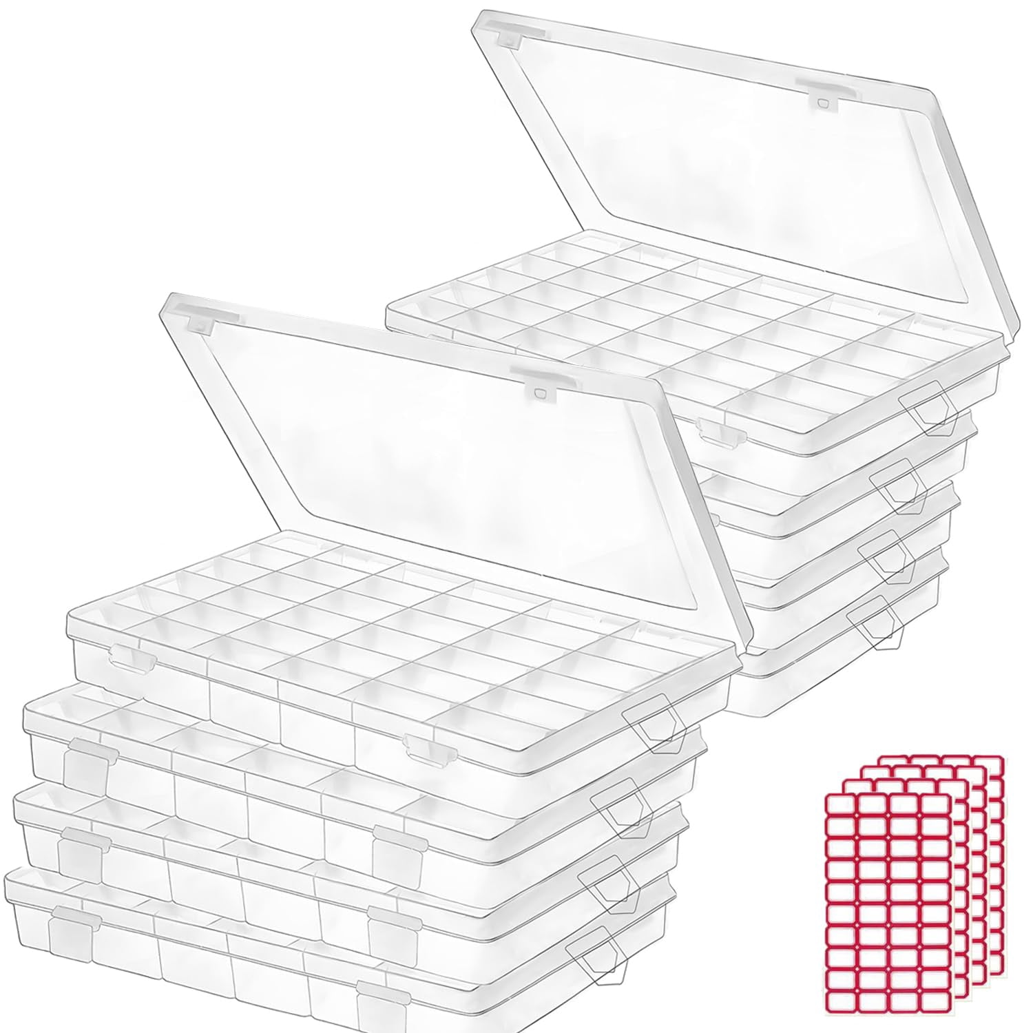 8pack 36 Grids Plastic Clear Organizer Box Bead Storage Containers With Adjustable Dividers For Craft Fishing Tackles Parts 8 Sheets Label Stickers