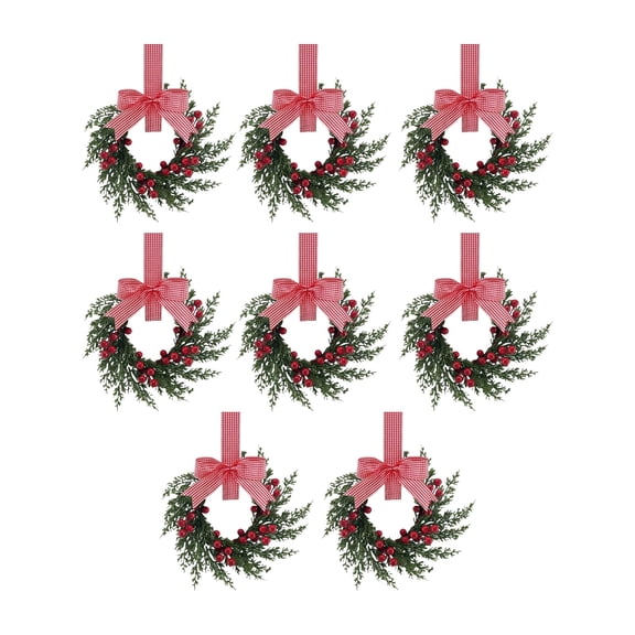 8pc 10 inch Christmas Cabinet Wreath,Mini Pine Velvet Ribbon Wreath with Berry Bow,Festive Kitchen Decor Supply,Holiday Wreath Pink