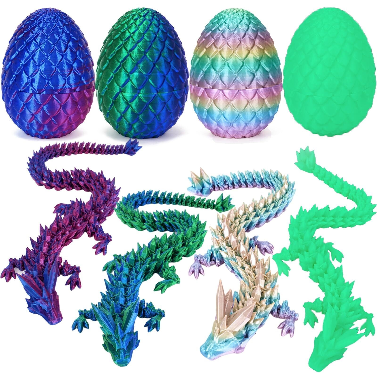 8pc 12" 3D Printed Dragon Egg, Cool Articulated Crystal Dragon In Surprise Egg, Animals Dinosaur Fidget