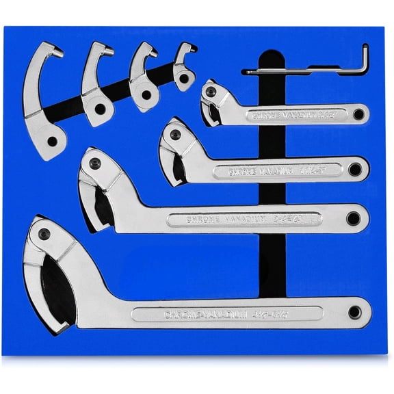 8pc Adjustable Pin Spanner Wrench Tool Set, Spanner Nut Wrench Tools with Changeable Heads for Pipes Heating Cars, Coilover Hook Wrenches for Suspension System, 3/4" to 6-1/10"