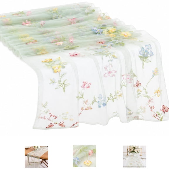 8pc-Elegant Sheer Mesh Table Runner with Delicate Floral Embroidery, Mint Green, Soft Drape, Home and Party Decoration