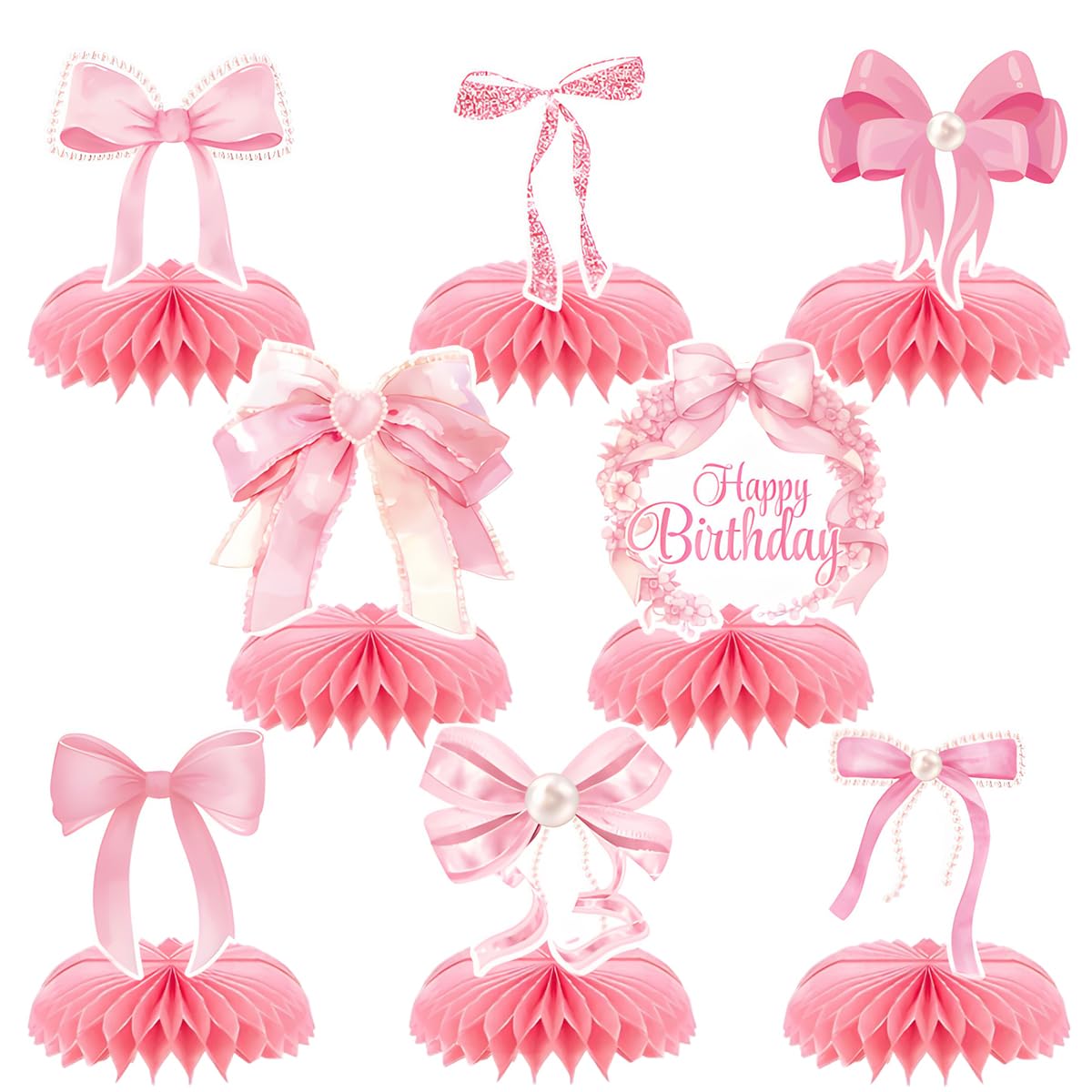8pc Pink Bow Party Honeycomb Centerpiece, Pink Bow Coquette Birthday ...
