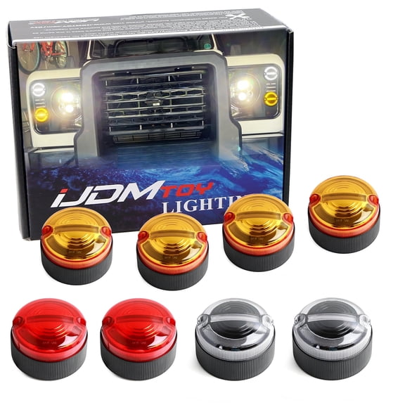 8pc Set Large 95mm Diameter Amber/Red/Clear Lens Amber/White/Red Full LED Front/Rear Turn Signal, Driving/Tail Brake Light Upgrading Kit For 1983-2016 Land Rover Defender